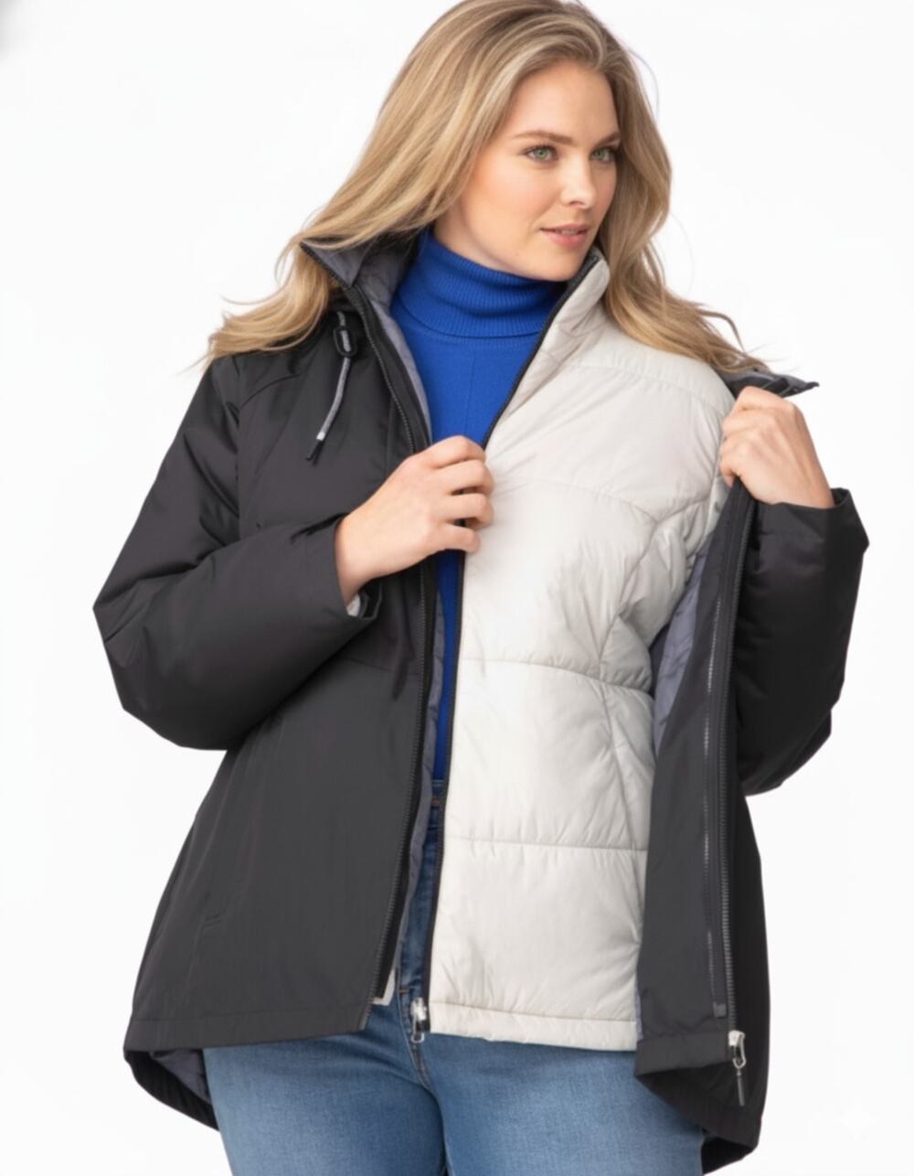 Free Country Jacket 3 In 1 Insulated Hooded Puffer Coat Womens Plus 1X/3X Black